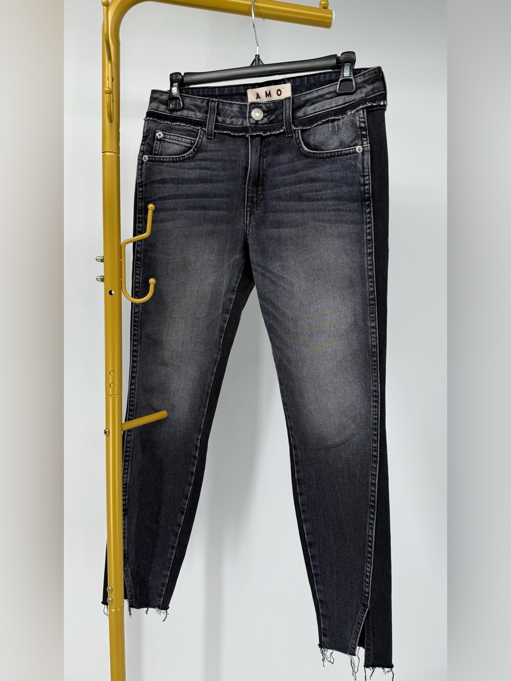 AMO Twist Two-Tone Dark & Stormy Black Skinny Ankle Jeans Size 26 USA
